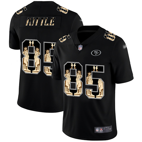 49ers #85 George Kittle Black Men's Stitched Football Limited Statue of Liberty Jersey - Click Image to Close