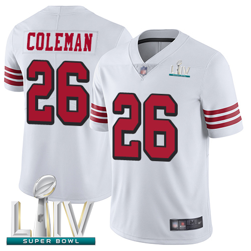 49ers #26 Tevin Coleman White Rush Super Bowl LIV Bound Men's Stitched Football Vapor Untouchable Limited Jersey - Click Image to Close