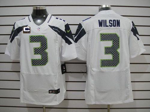 Nike Seahawks #3 Russell Wilson White With C Patch Men's Stitched NFL Elite Jersey