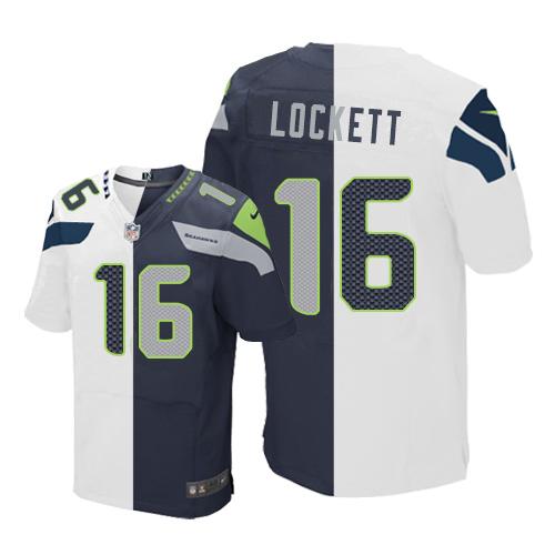 Nike Seahawks #16 Tyler Lockett White/Steel Blue Men's Stitched NFL Elite Split Jersey