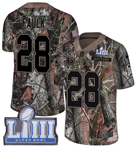 Nike Rams #28 Marshall Faulk Camo Super Bowl LIII Bound Men's Stitched NFL Limited Rush Realtree Jersey