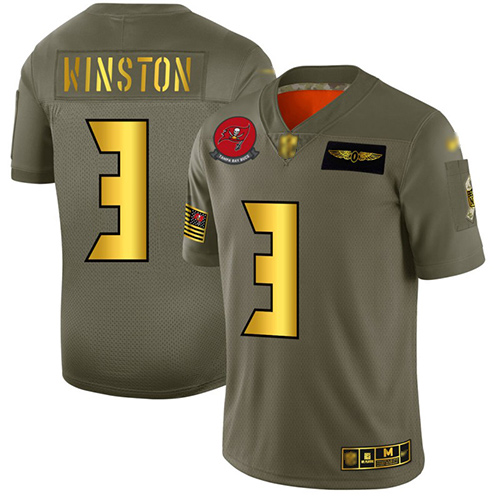 Buccaneers #3 Jameis Winston Camo/Gold Men's Stitched Football Limited 2019 Salute To Service Jersey - Click Image to Close