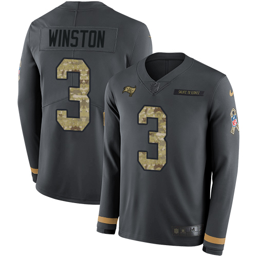 Nike Buccaneers #3 Jameis Winston Anthracite Salute to Service Men's Stitched NFL Limited Therma Long Sleeve Jersey