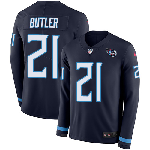 Nike Titans #21 Malcolm Butler Navy Blue Team Color Men's Stitched NFL Limited Therma Long Sleeve Jersey