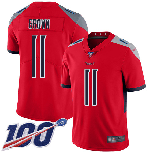 Titans #11 A.J. Brown Red Men's Stitched Football Limited Inverted Legend 100th Season Jersey