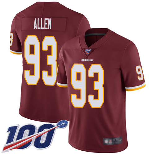 Redskins #93 Jonathan Allen Burgundy Red Team Color Men's Stitched Football 100th Season Vapor Limited Jersey