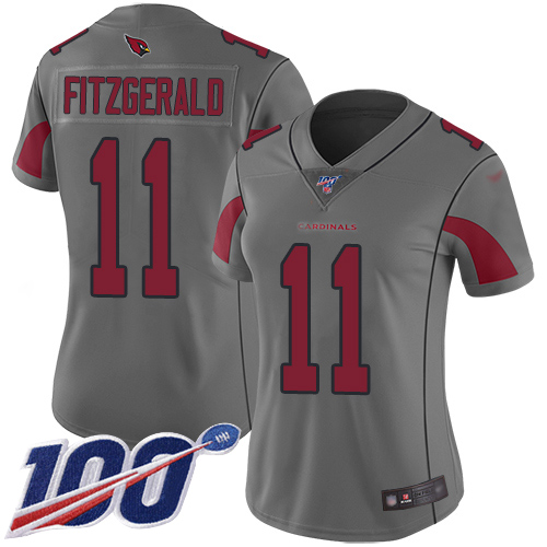 Cardinals #11 Larry Fitzgerald Silver Women's Stitched Football Limited Inverted Legend 100th Season Jersey - Click Image to Close