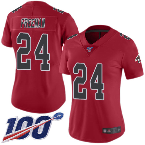 Falcons #24 Devonta Freeman Red Women's Stitched Football Limited Rush 100th Season Jersey - Click Image to Close