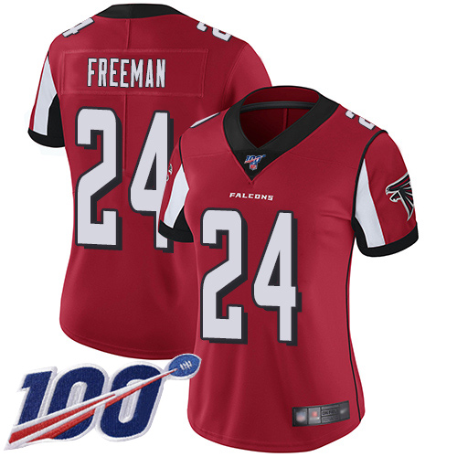 Falcons #24 Devonta Freeman Red Team Color Women's Stitched Football 100th Season Vapor Limited Jersey - Click Image to Close