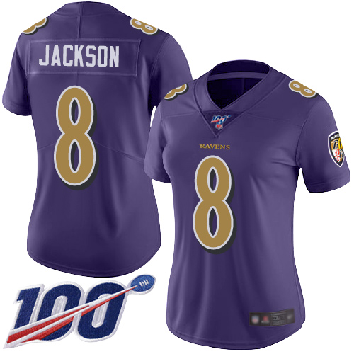 Ravens #8 Lamar Jackson Purple Women's Stitched Football Limited Rush 100th Season Jersey - Click Image to Close