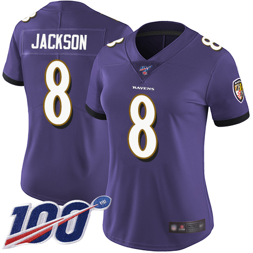 Ravens #8 Lamar Jackson Purple Team Color Women's Stitched Football 100th Season Vapor Limited Jersey - Click Image to Close