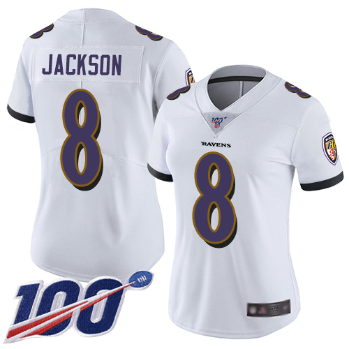 Ravens #8 Lamar Jackson White Women's Stitched Football 100th Season Vapor Limited Jersey - Click Image to Close