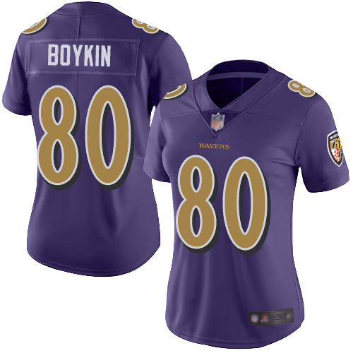 Ravens #80 Miles Boykin Purple Women's Stitched Football Limited Rush Jersey - Click Image to Close