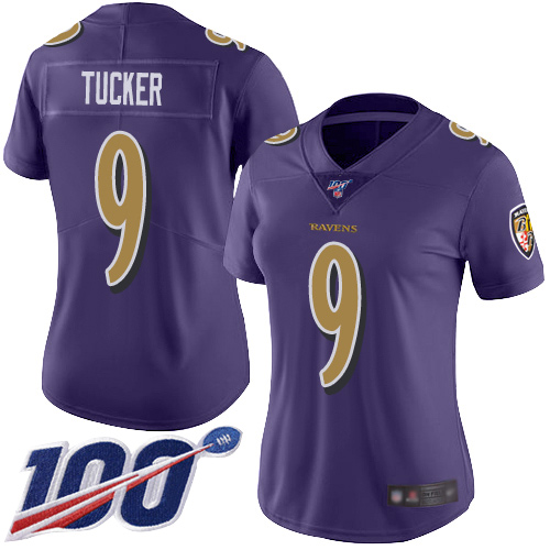 Ravens #9 Justin Tucker Purple Women's Stitched Football Limited Rush 100th Season Jersey - Click Image to Close