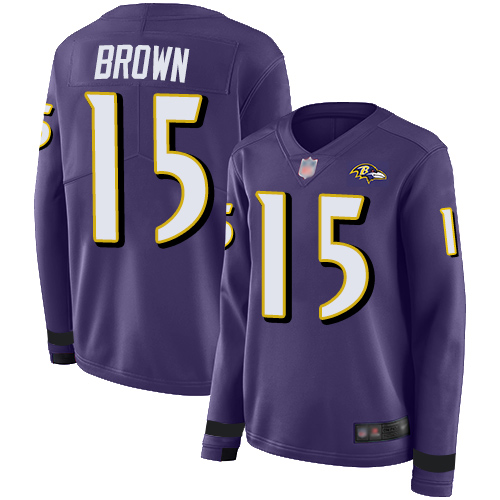 Ravens #15 Marquise Brown Purple Team Color Women's Stitched Football Limited Therma Long Sleeve Jersey - Click Image to Close