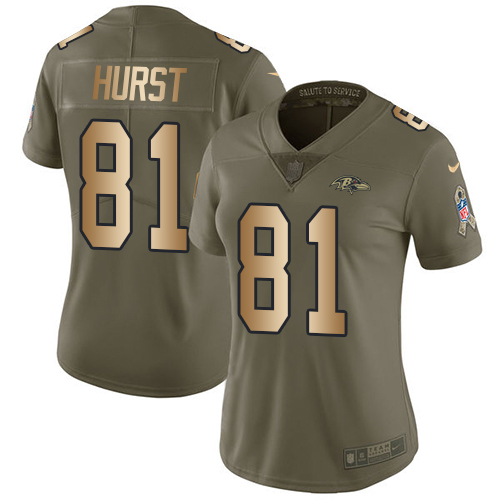 Nike Ravens #81 Hayden Hurst Olive/Gold Women's Stitched NFL Limited 2017 Salute to Service Jersey - Click Image to Close