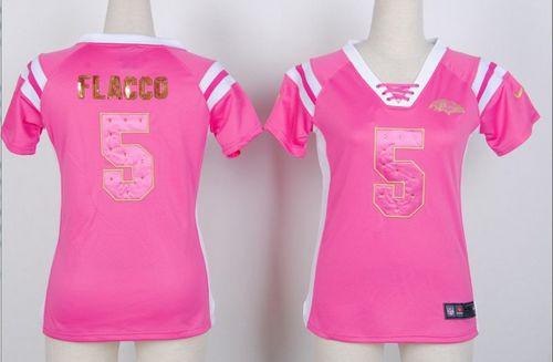 Nike Ravens #5 Joe Flacco Pink Women's Stitched NFL Elite Draft Him Shimmer Jersey