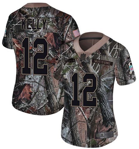 Nike Bills #12 Jim Kelly Camo Women's Stitched NFL Limited Rush Realtree Jersey