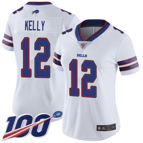 Bills #12 Jim Kelly White Women's Stitched Football 100th Season Vapor Limited Jersey - Click Image to Close