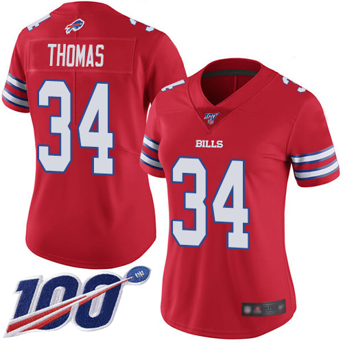 Bills #34 Thurman Thomas Red Women's Stitched Football Limited Rush 100th Season Jersey