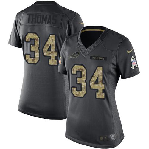 Nike Bills #34 Thurman Thomas Black Women's Stitched NFL Limited 2016 Salute to Service Jersey