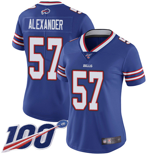 Bills #57 Lorenzo Alexander Royal Blue Team Color Women's Stitched Football 100th Season Vapor Limited Jersey