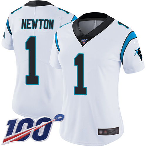 Panthers #1 Cam Newton White Women's Stitched Football 100th Season Vapor Limited Jersey