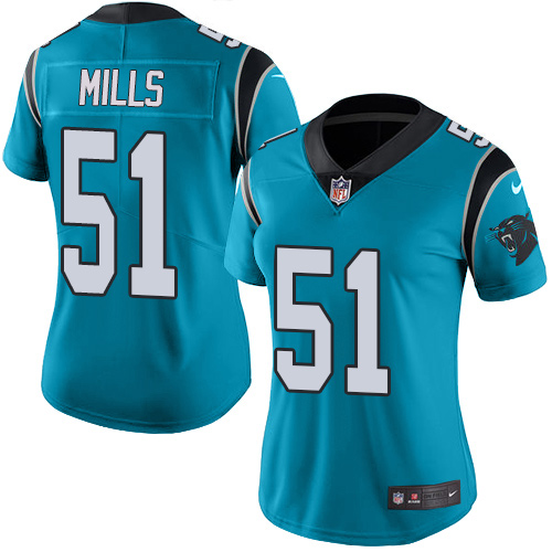 Nike Panthers #51 Sam Mills Blue Women's Stitched NFL Limited Rush Jersey - Click Image to Close