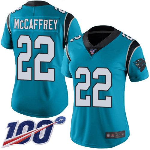 Panthers #22 Christian McCaffrey Blue Women's Stitched Football Limited Rush 100th Season Jersey