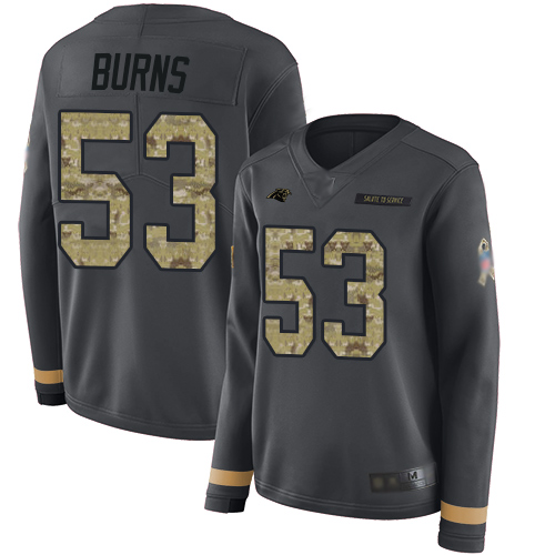 Panthers #53 Brian Burns Anthracite Salute to Service Women's Stitched Football Limited Therma Long Sleeve Jersey - Click Image to Close