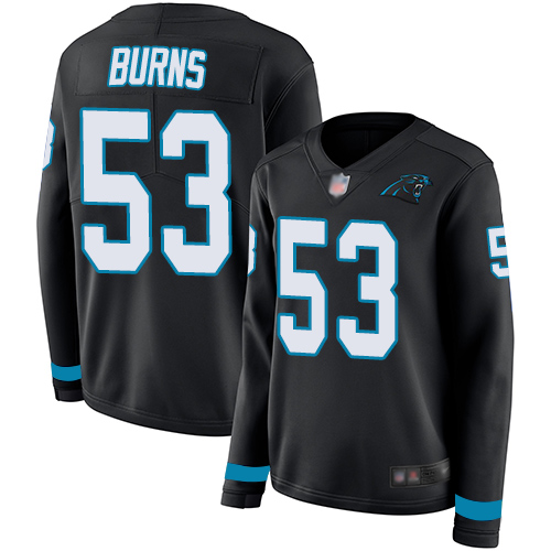 Panthers #53 Brian Burns Black Team Color Women's Stitched Football Limited Therma Long Sleeve Jersey - Click Image to Close