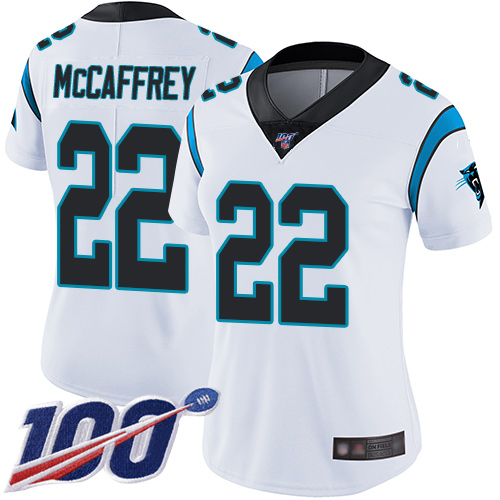 Panthers #22 Christian McCaffrey White Women's Stitched Football 100th Season Vapor Limited Jersey