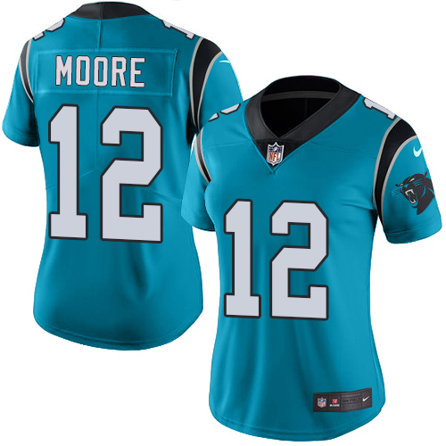 Nike Panthers #12 DJ Moore Blue Women's Stitched NFL Limited Rush Jersey - Click Image to Close