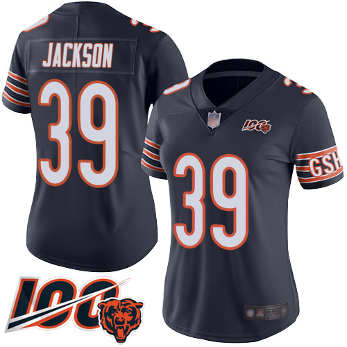 Bears #39 Eddie Jackson Navy Blue Team Color Women's Stitched Football 100th Season Vapor Limited Jersey