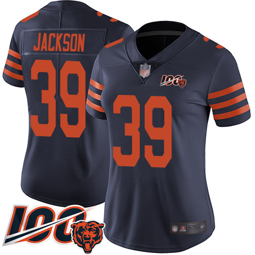 Bears #39 Eddie Jackson Navy Blue Alternate Women's Stitched Football 100th Season Vapor Limited Jersey