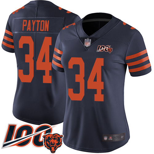 Bears #34 Walter Payton Navy Blue Alternate Women's Stitched Football 100th Season Vapor Limited Jersey