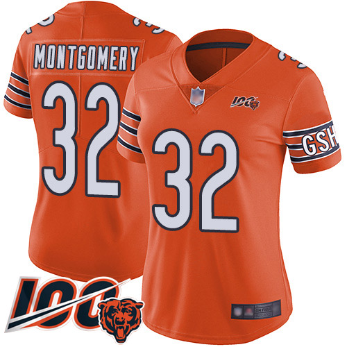 Bears #32 David Montgomery Orange Women's Stitched Football Limited Rush 100th Season Jersey