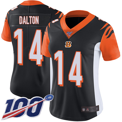 Bengals #14 Andy Dalton Black Team Color Women's Stitched Football 100th Season Vapor Limited Jersey