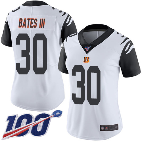 Bengals #30 Jessie Bates III White Women's Stitched Football Limited Rush 100th Season Jersey