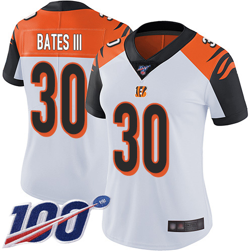 Bengals #30 Jessie Bates III White Women's Stitched Football 100th Season Vapor Limited Jersey