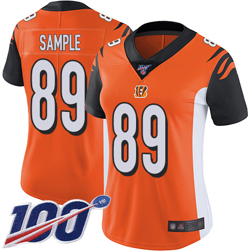 Bengals #89 Drew Sample Orange Alternate Women's Stitched Football 100th Season Vapor Limited Jersey