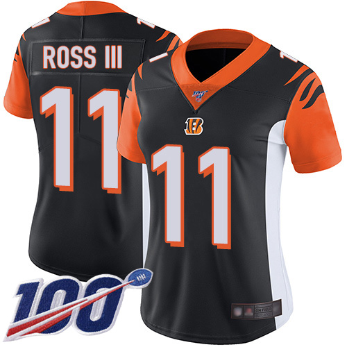 Bengals #11 John Ross III Black Team Color Women's Stitched Football 100th Season Vapor Limited Jersey