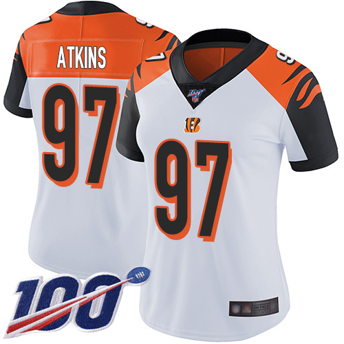 Bengals #97 Geno Atkins White Women's Stitched Football 100th Season Vapor Limited Jersey