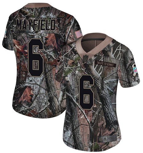 Nike Browns #6 Baker Mayfield Camo Women's Stitched NFL Limited Rush Realtree Jersey