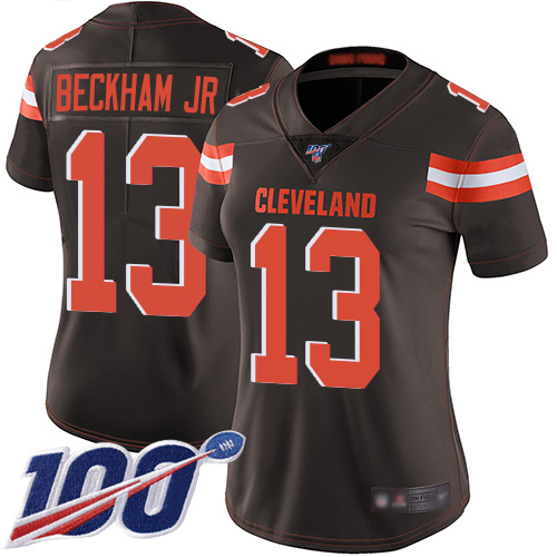 Browns #13 Odell Beckham Jr Brown Team Color Women's Stitched Football 100th Season Vapor Limited Jersey - Click Image to Close