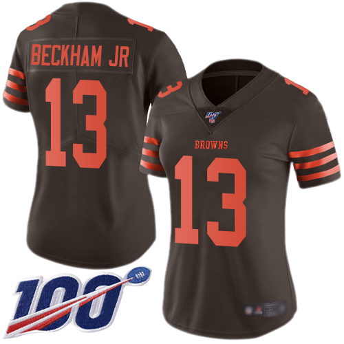 Browns #13 Odell Beckham Jr Brown Women's Stitched Football Limited Rush 100th Season Jersey