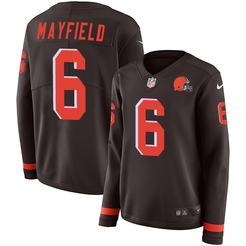 Nike Browns #6 Baker Mayfield Brown Team Color Women's Stitched NFL Limited Therma Long Sleeve Jersey - Click Image to Close