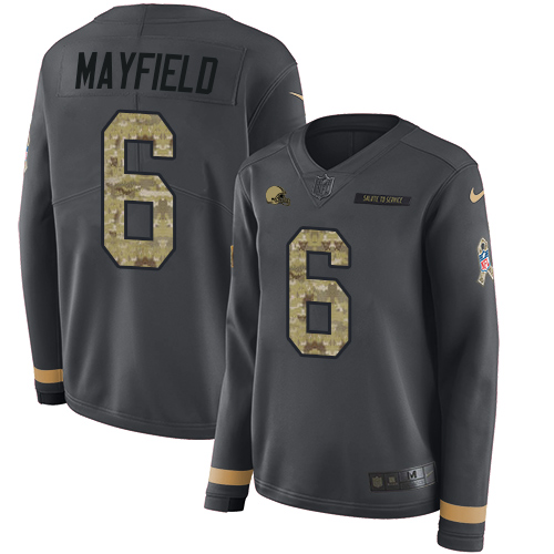 Nike Browns #6 Baker Mayfield Anthracite Salute to Service Women's Stitched NFL Limited Therma Long Sleeve Jersey - Click Image to Close