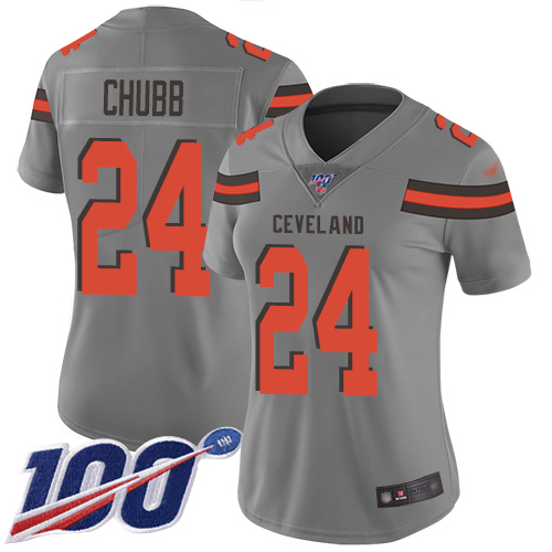 Browns #24 Nick Chubb Gray Women's Stitched Football Limited Inverted Legend 100th Season Jersey - Click Image to Close