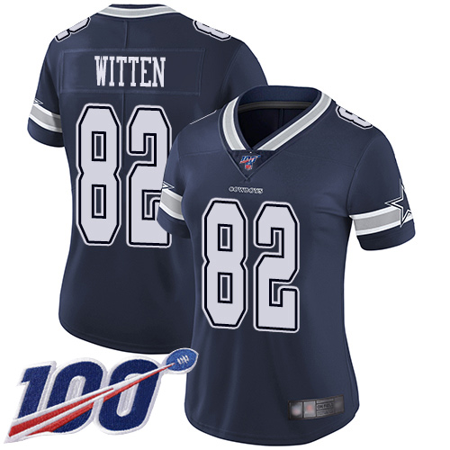 Cowboys #82 Jason Witten Navy Blue Team Color Women's Stitched Football 100th Season Vapor Limited Jersey